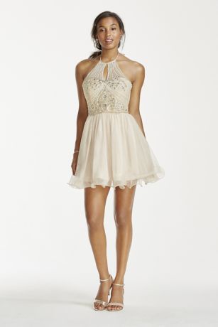 Short White Beaded Halter Dress