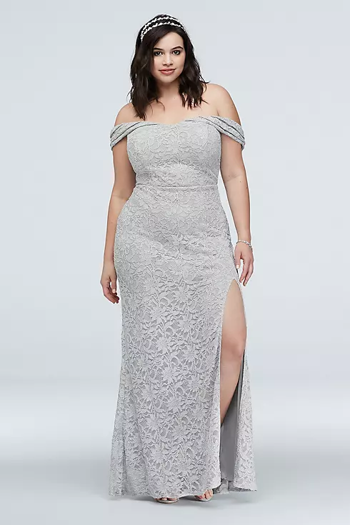 Off-the-Shoulder Metallic Lace Dress with Slit Image 1