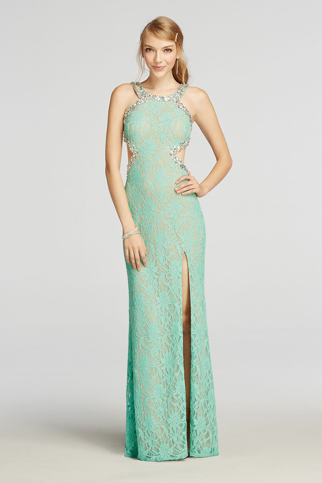 Halter Lace Prom Dress with Beaded Cut Outs | David's Bridal