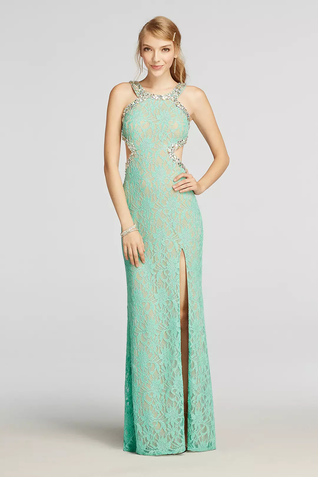 Halter Lace Prom Dress with Beaded Cut Outs Image