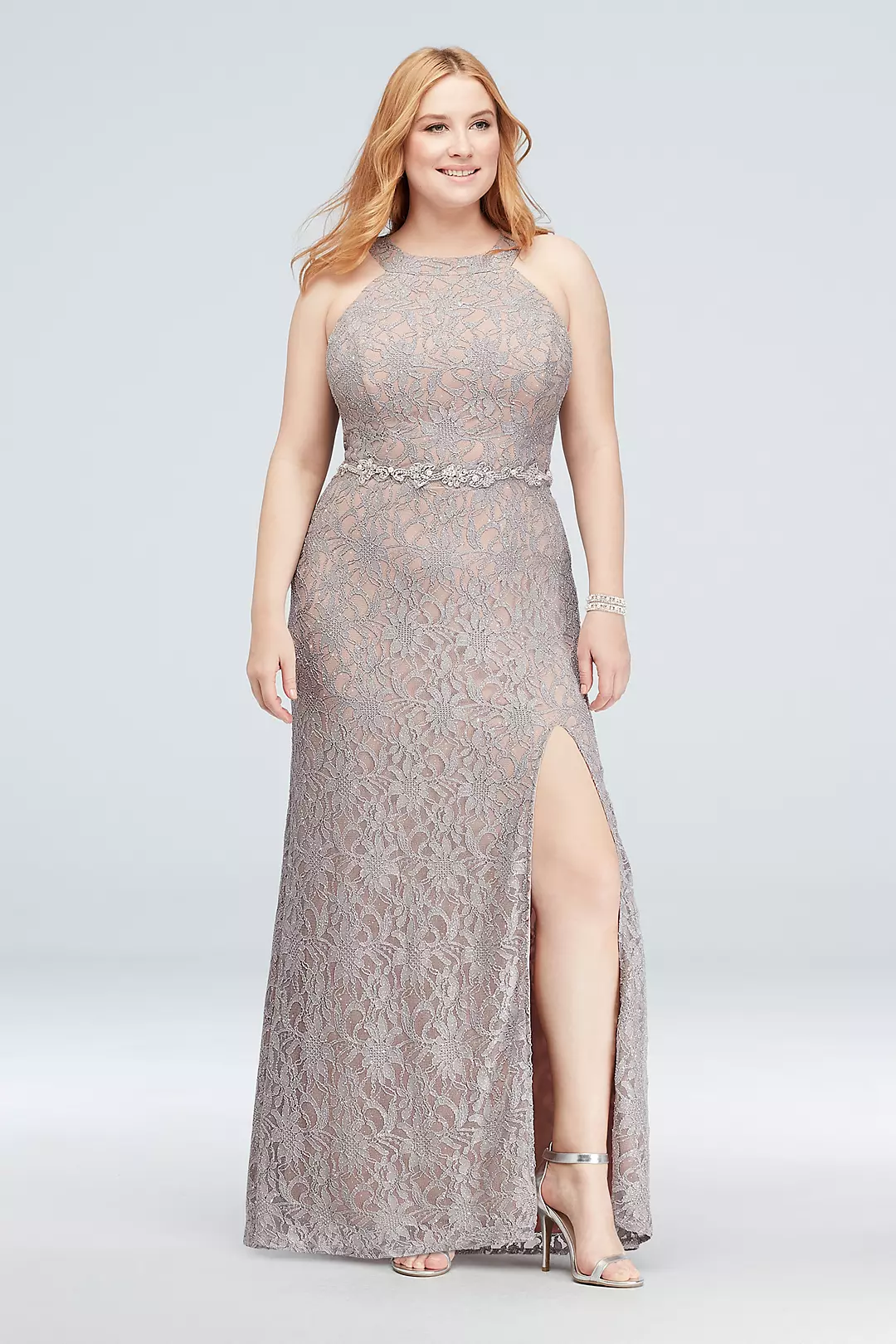 Glitter Lace Halter Sheath Gown with Beaded Belt Image