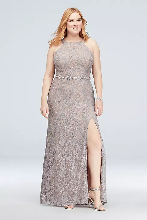 Glitter Lace Halter Sheath Gown with Beaded Belt Image 1