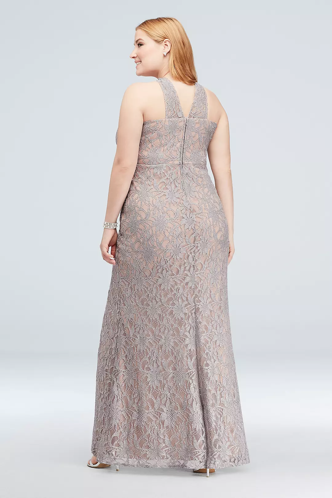 Glitter Lace Halter Sheath Gown with Beaded Belt Image 2