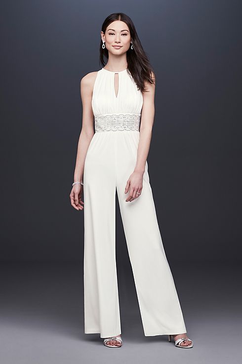 Beaded Jersey Halter Wedding Jumpsuit with Keyhole Image 1
