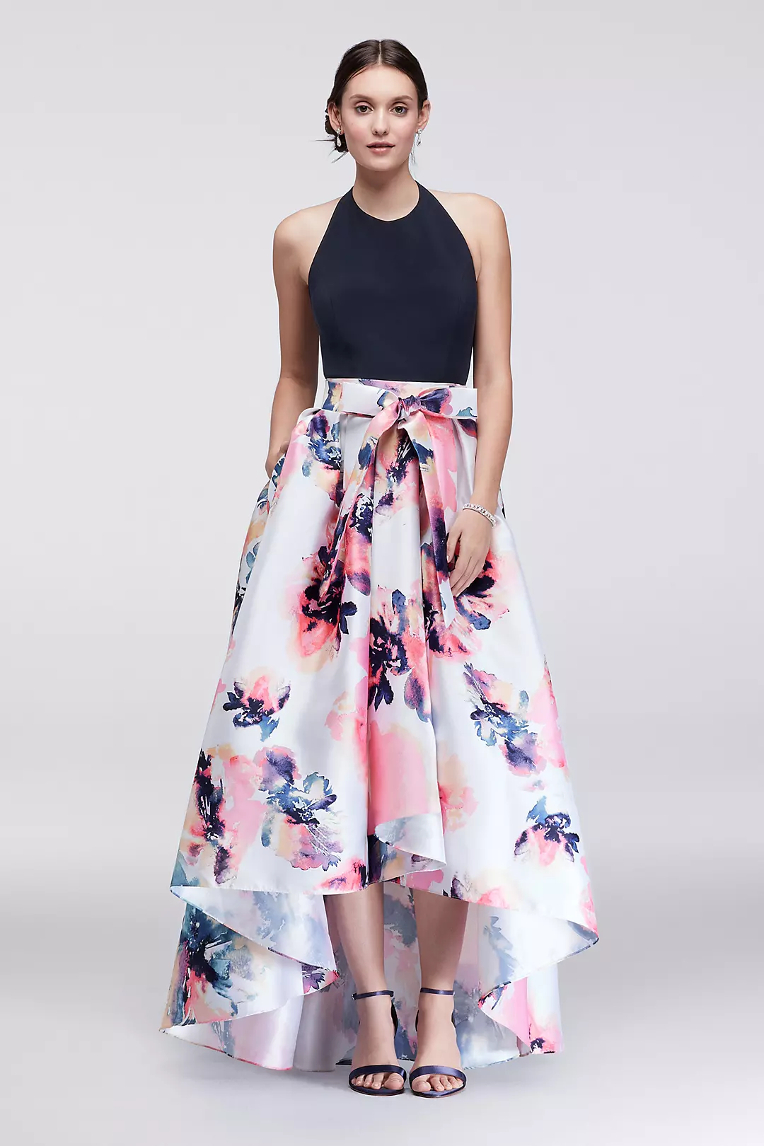 High-Low Halter Dress with Printed Skirt Image