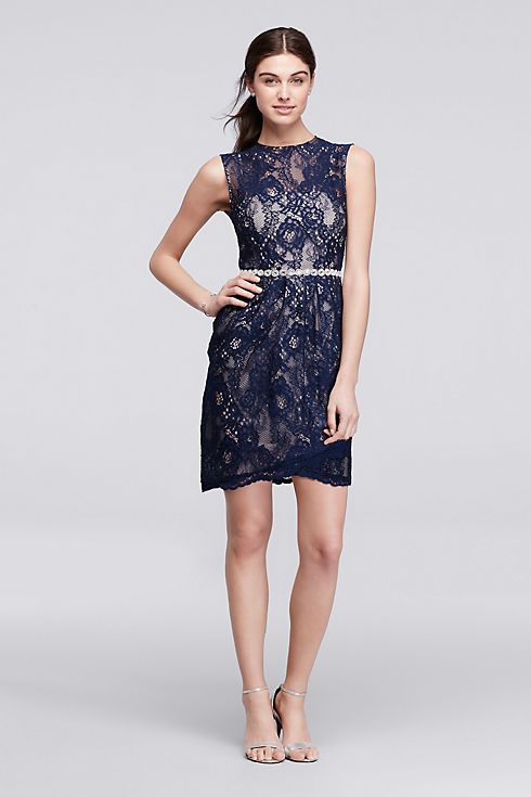 Short Sleeveless Lace Dress with Crystal Waist Image