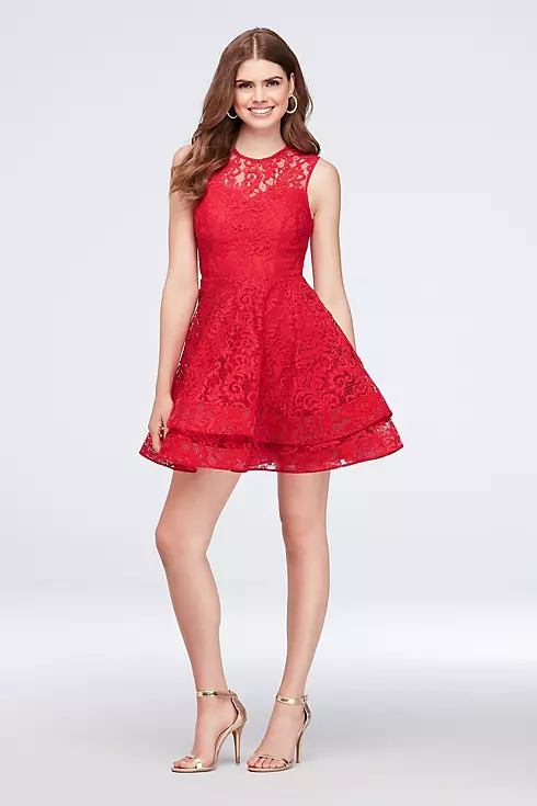 High-Neck Lace Short Dress with Tiered Skirt Image 1