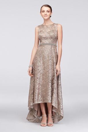 Sequined Lace High-Low Dress with Beaded Waist | David's Bridal