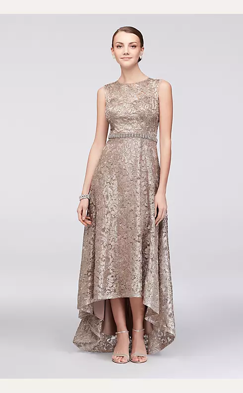 Sequined Lace High-Low Dress with Beaded Waist Image 1