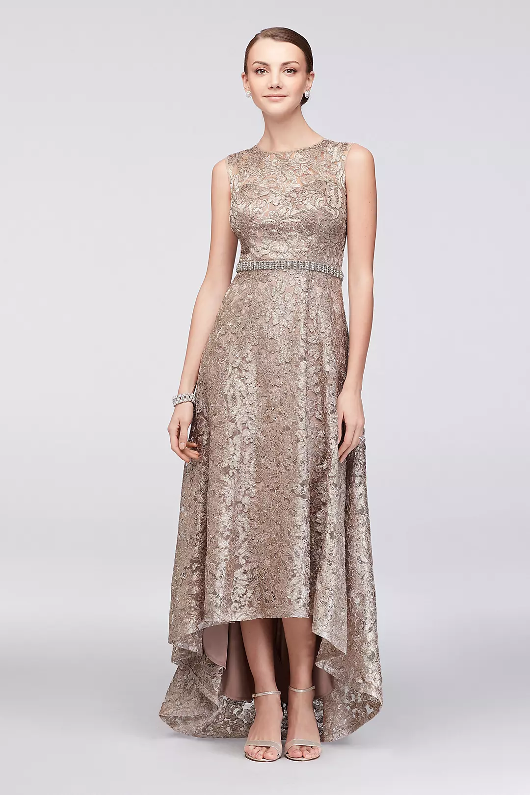 Sequined Lace High-Low Dress with Beaded Waist Image