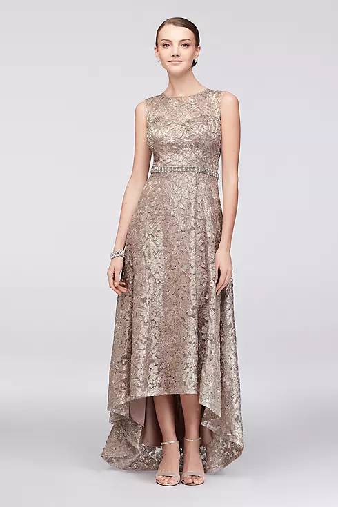 Sequined Lace High-Low Dress with Beaded Waist Image 1