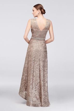 Sequined Lace High-Low Dress with Beaded Waist | David's Bridal