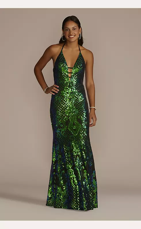 Patterned Sequin Sheath with Plunging Halter Neck Image 1