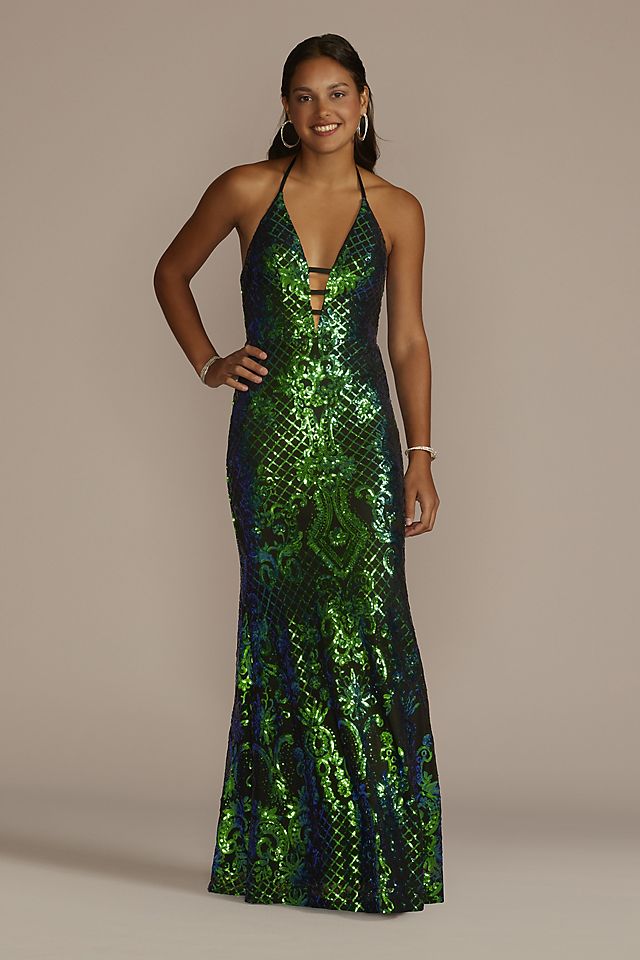 Patterned Sequin Sheath with Plunging Halter Neck Image
