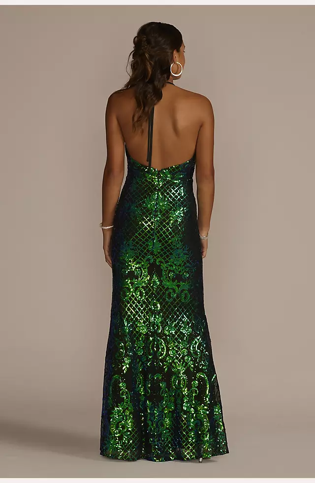 Patterned Sequin Sheath with Plunging Halter Neck Image 2