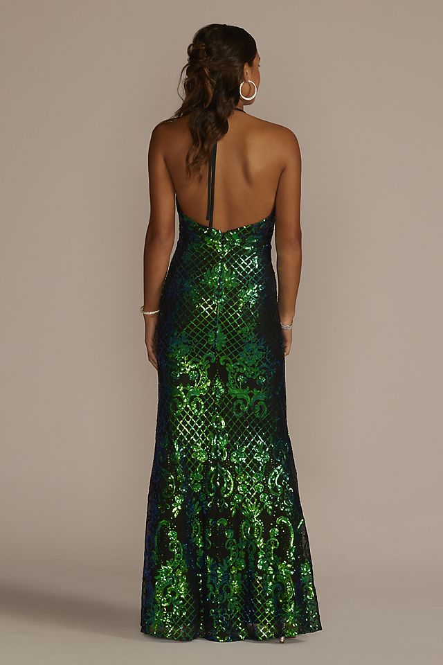 Patterned Sequin Sheath with Plunging Halter Neck Image 2