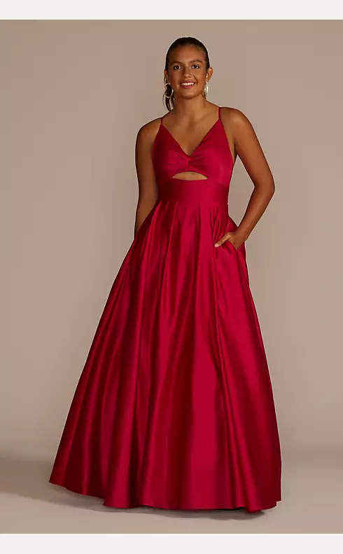 Long V-Neck Satin Ball Gown with Bodice Cutout Image 1