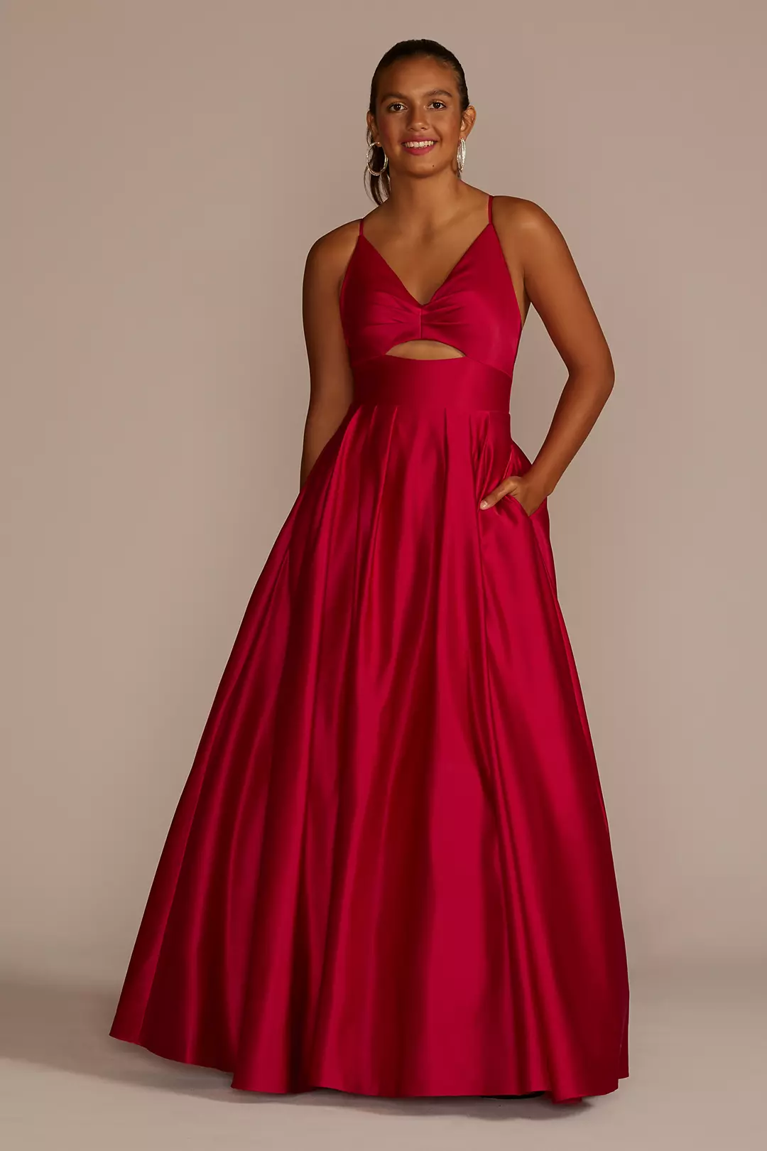 Long V-Neck Satin Ball Gown with Bodice Cutout Image