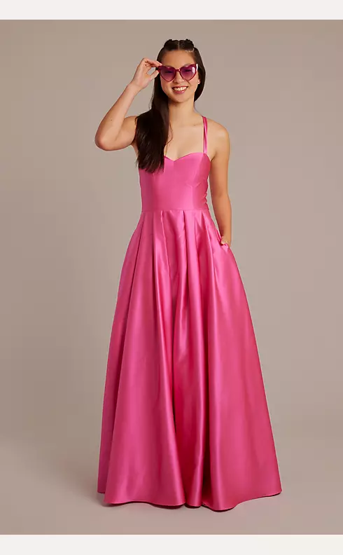 Satin Spaghetti Strap Ball Gown with Lace-Up Back Image 1
