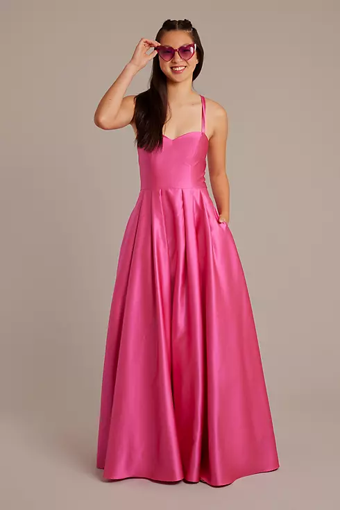 Satin Spaghetti Strap Ball Gown with Lace-Up Back Image 1