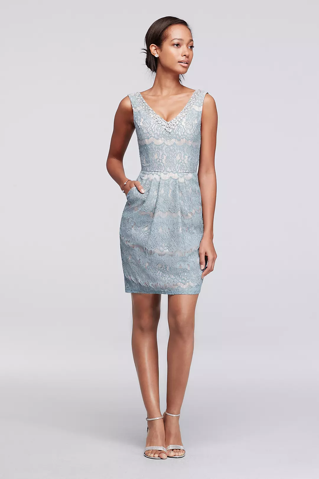 Short Lace Dress with Beaded V-Neck Image
