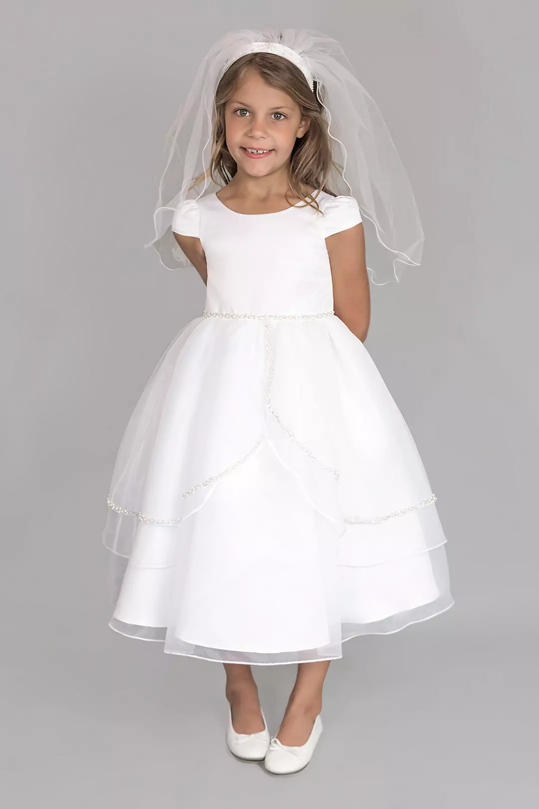 Satin and Tulle Cap Sleeve Communion Dress Image