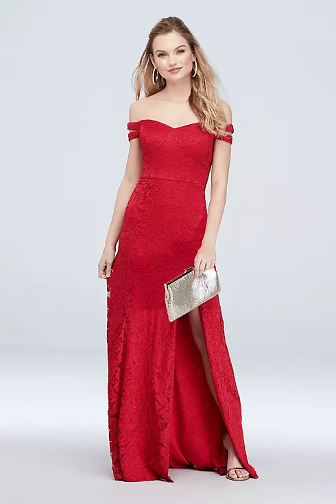Lace Stretch Knit Off the Shoulder Dress with Slit Image 1