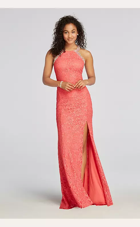 Halter Lace Prom Dress with Beaded Neckline Image 1