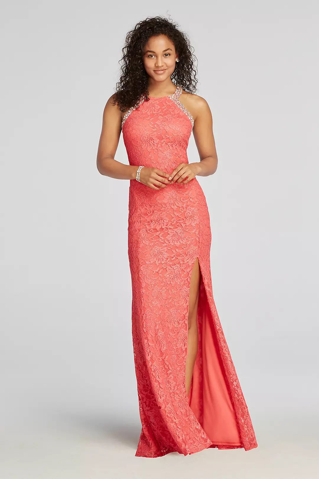 Halter Lace Prom Dress with Beaded Neckline Image