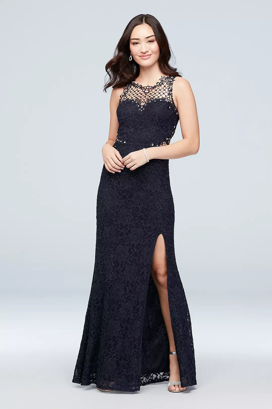 Glitter Lace Sheath Gown with Geometric Neckline Image