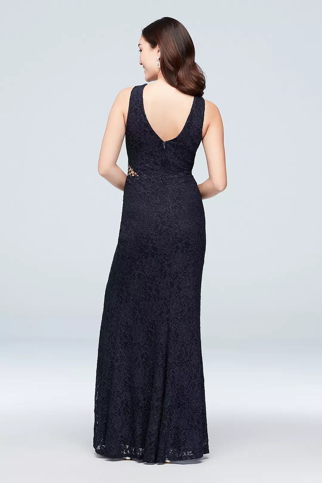 Glitter Lace Sheath Gown with Geometric Neckline Image 2