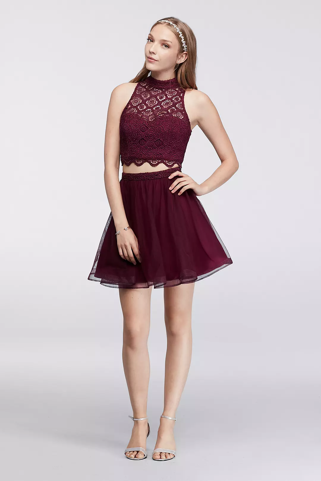 Mock Neck Illusion Lace Crop Top and Mesh Skirt Image