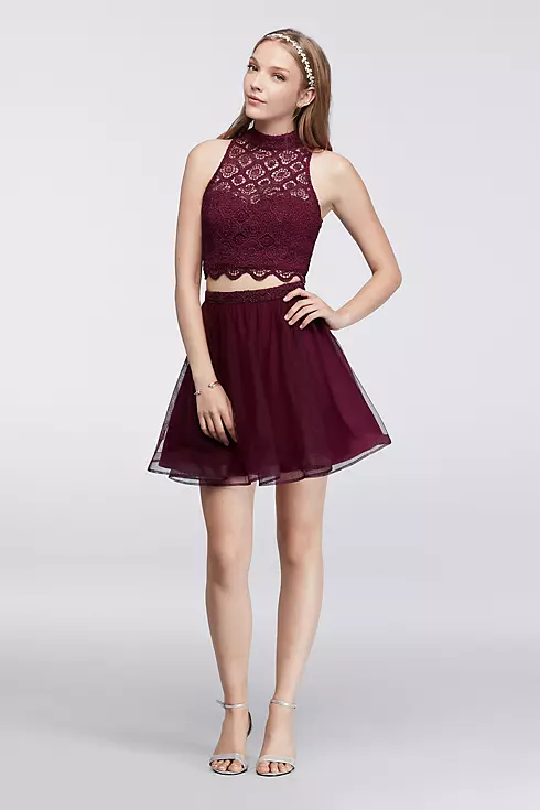Mock Neck Illusion Lace Crop Top and Mesh Skirt Image 1