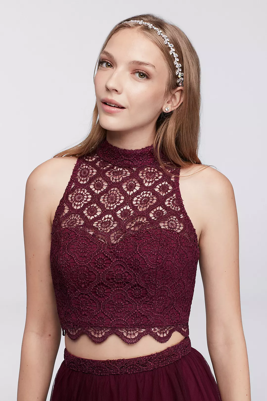 Mock Neck Illusion Lace Crop Top and Mesh Skirt Image 3