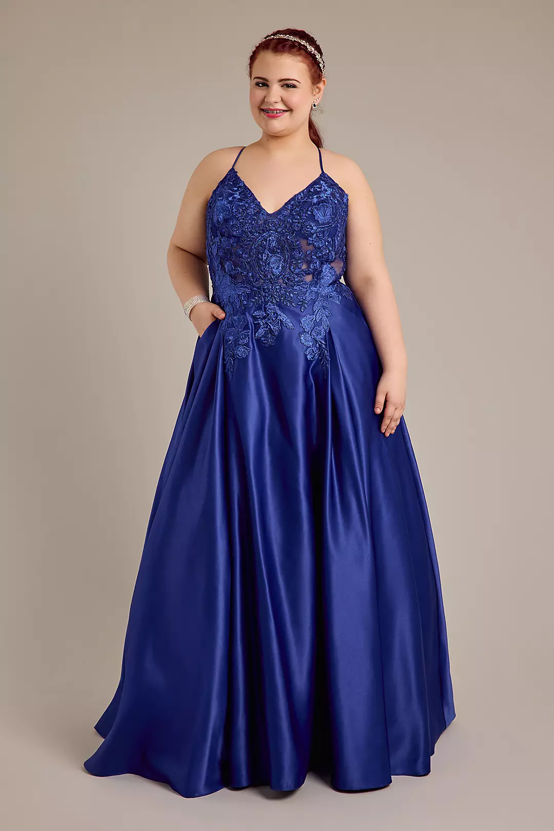 Satin Ball Gown with Illusion Applique Bodice Image