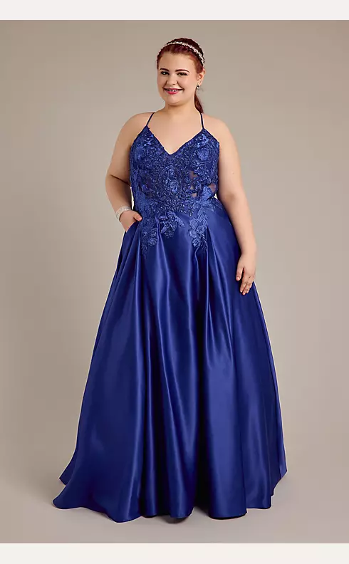 Satin Ball Gown with Illusion Applique Bodice Image 1