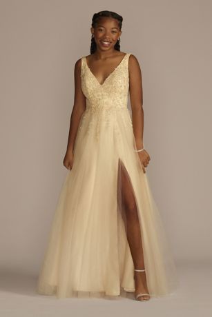 Embroidered Applique Tulle A line Dress David s Bridal