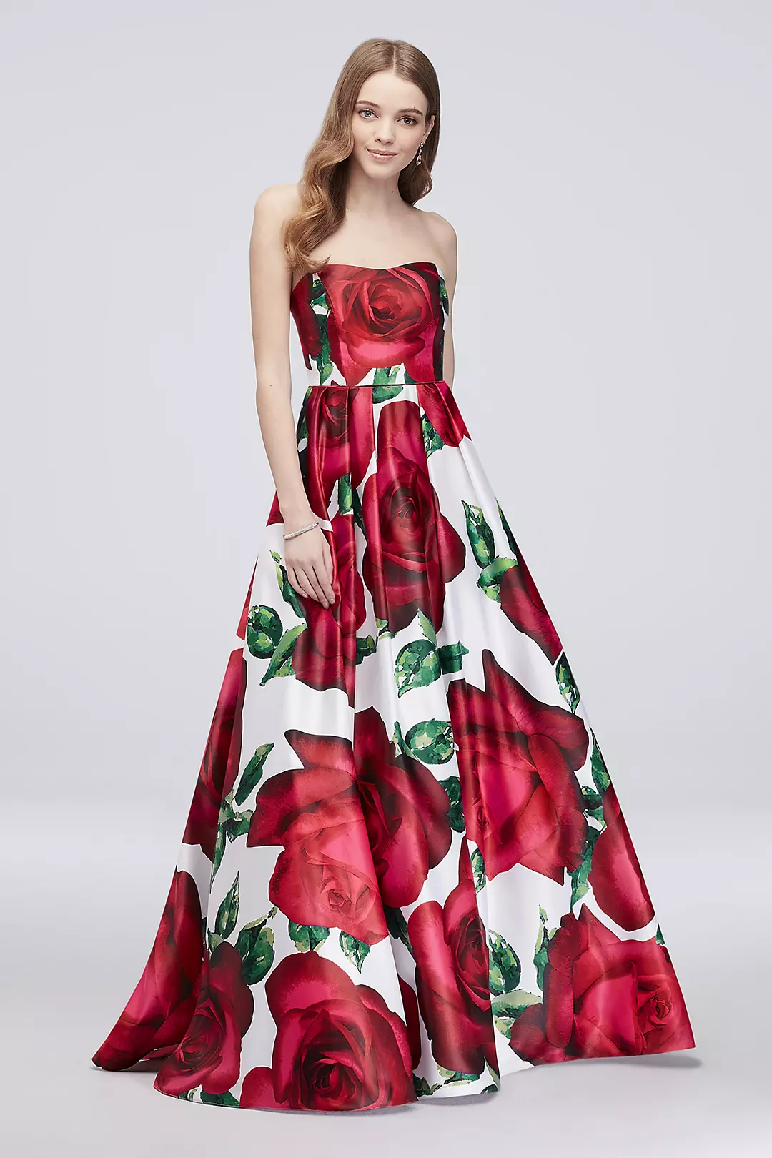 Floral Print Strapless Lace-Up Satin Ball Gown Image