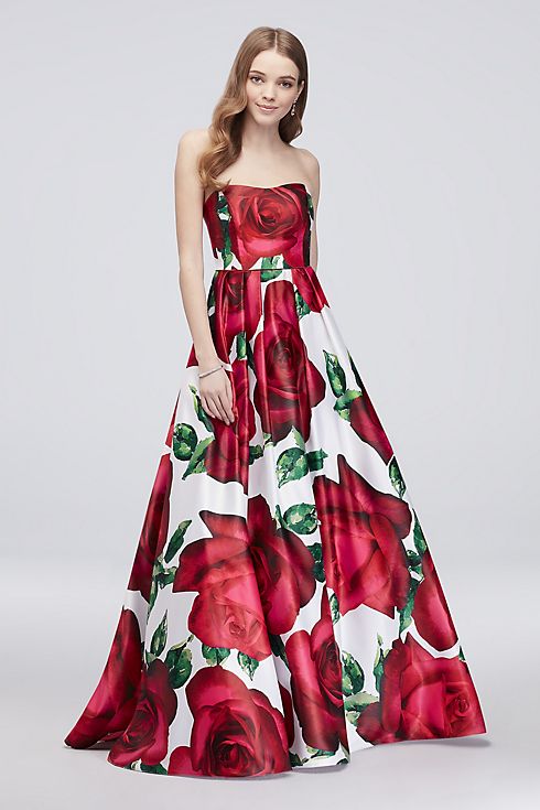 Floral Print Strapless Lace-Up Satin Ball Gown Image 4