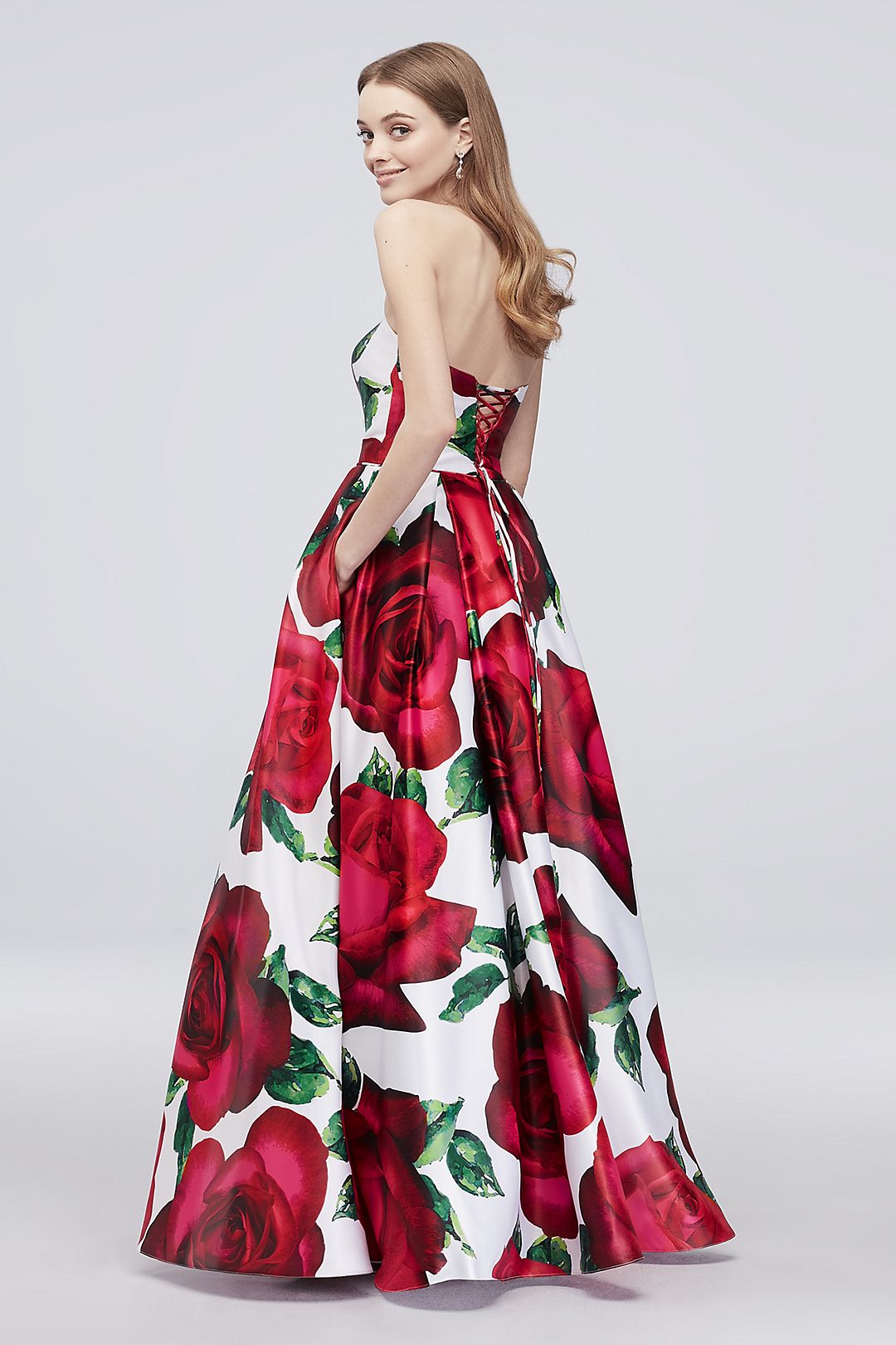 Floral Print Strapless Lace-Up Satin Ball Gown Image 4