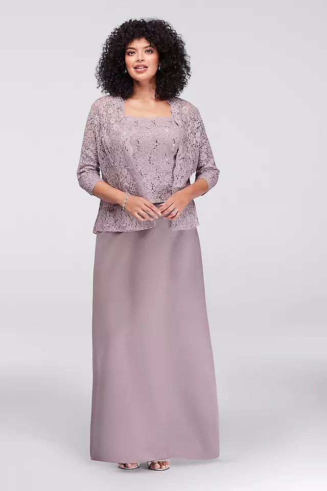 Satin Plus Size Jacket Dress with Lace Overlay Image