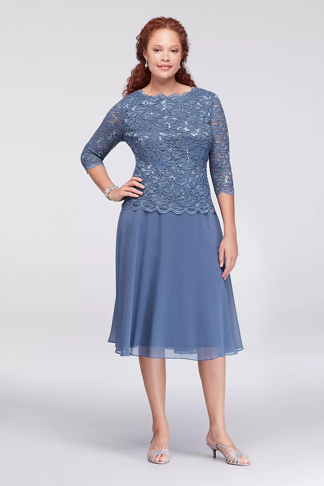 Scalloped Lace and Chiffon Plus Size Short Dress Image