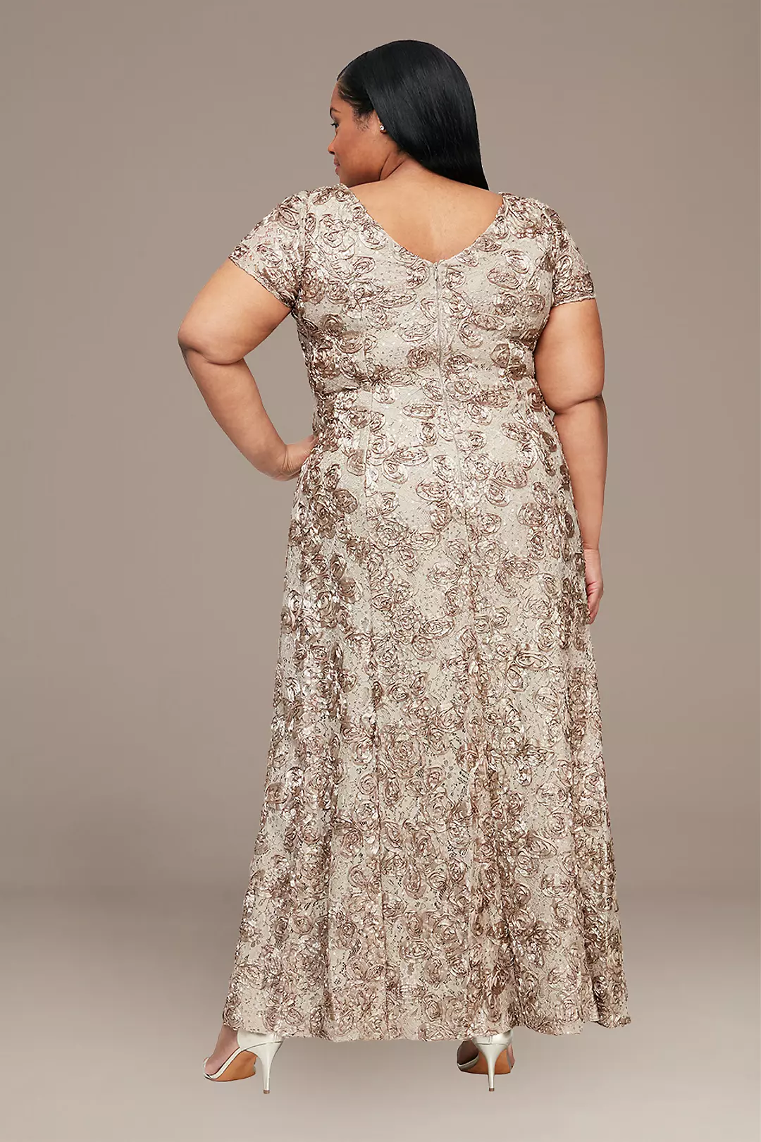 Rosette Lace Cap Sleeve A-Line Plus Size Gown Image 2