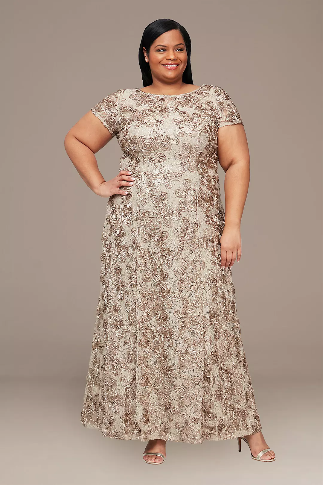 Rosette Lace Cap Sleeve A-Line Plus Size Gown Image 1