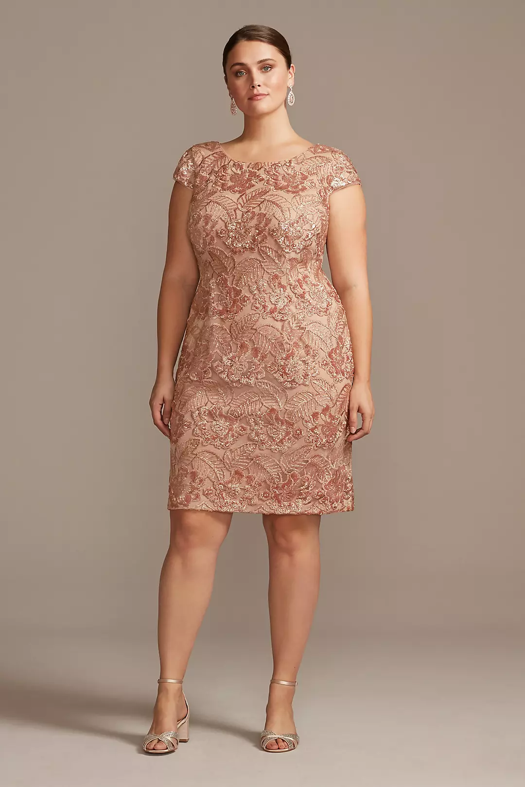 Sequin Lace Plus Size Sheath with Cap Sleeves Image