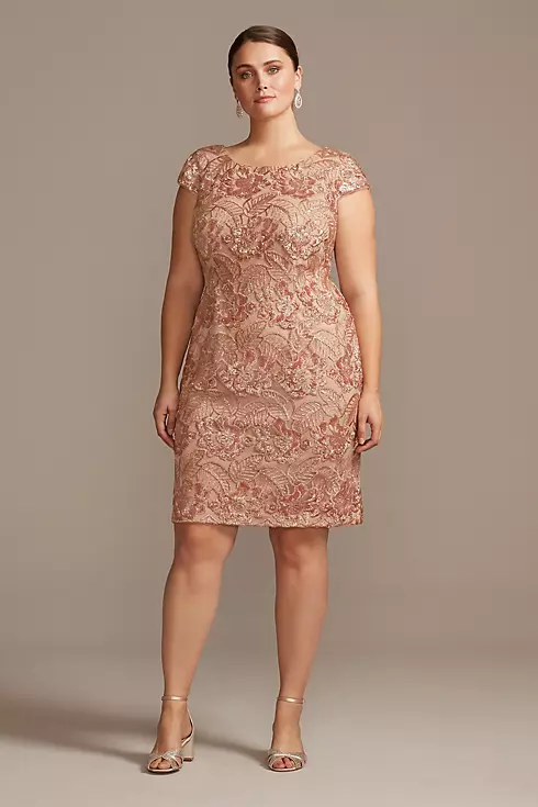 Sequin Lace Plus Size Sheath with Cap Sleeves Image 1