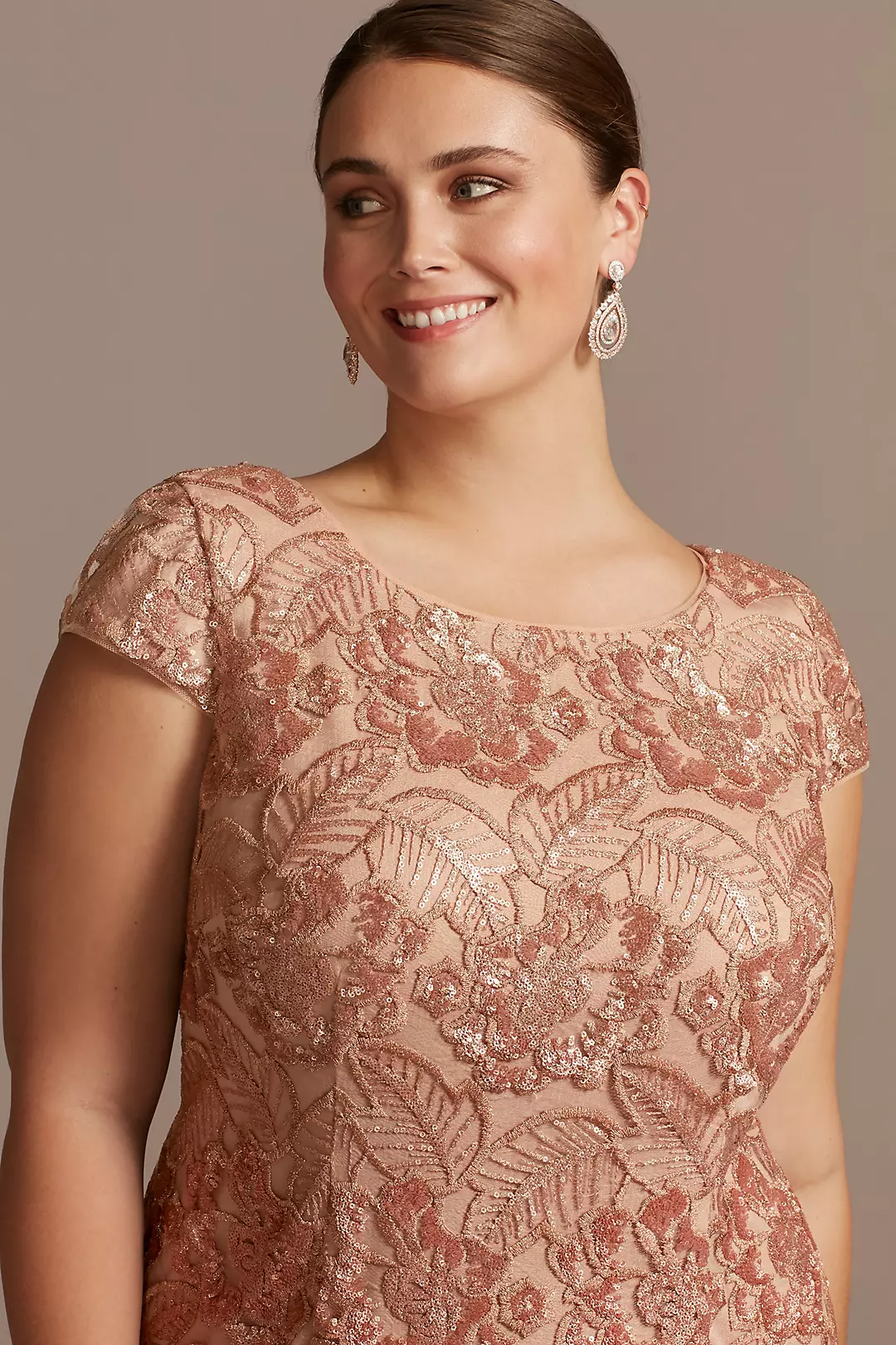 Sequin Lace Plus Size Sheath with Cap Sleeves Image 3
