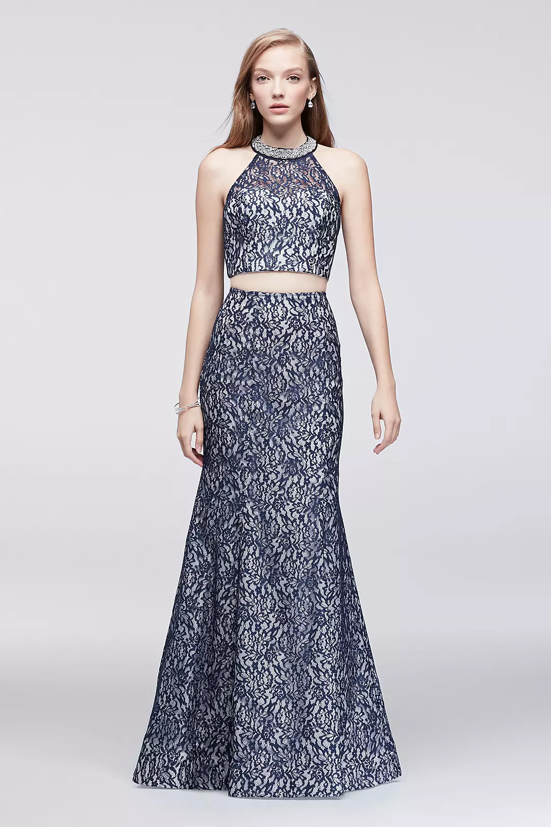 Metallic Lace Two-Piece Dress with Beaded Neckline Image 1