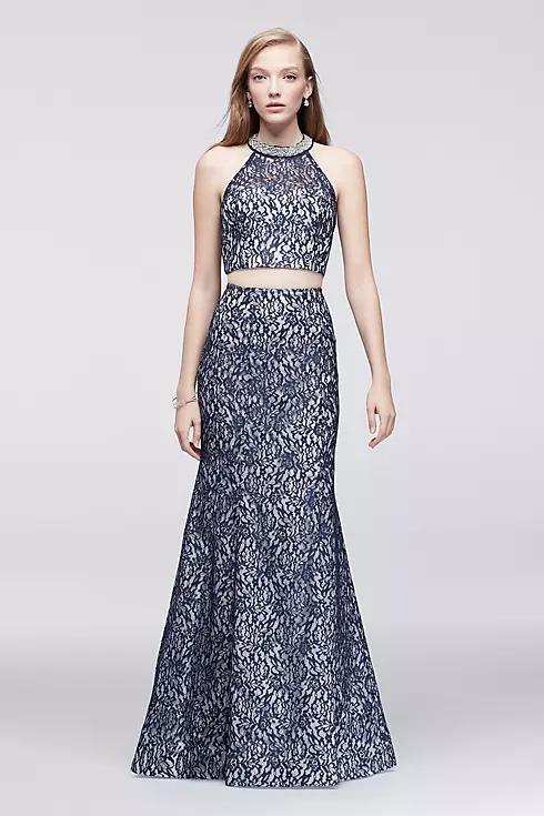 Metallic Lace Two-Piece Dress with Beaded Neckline Image 1