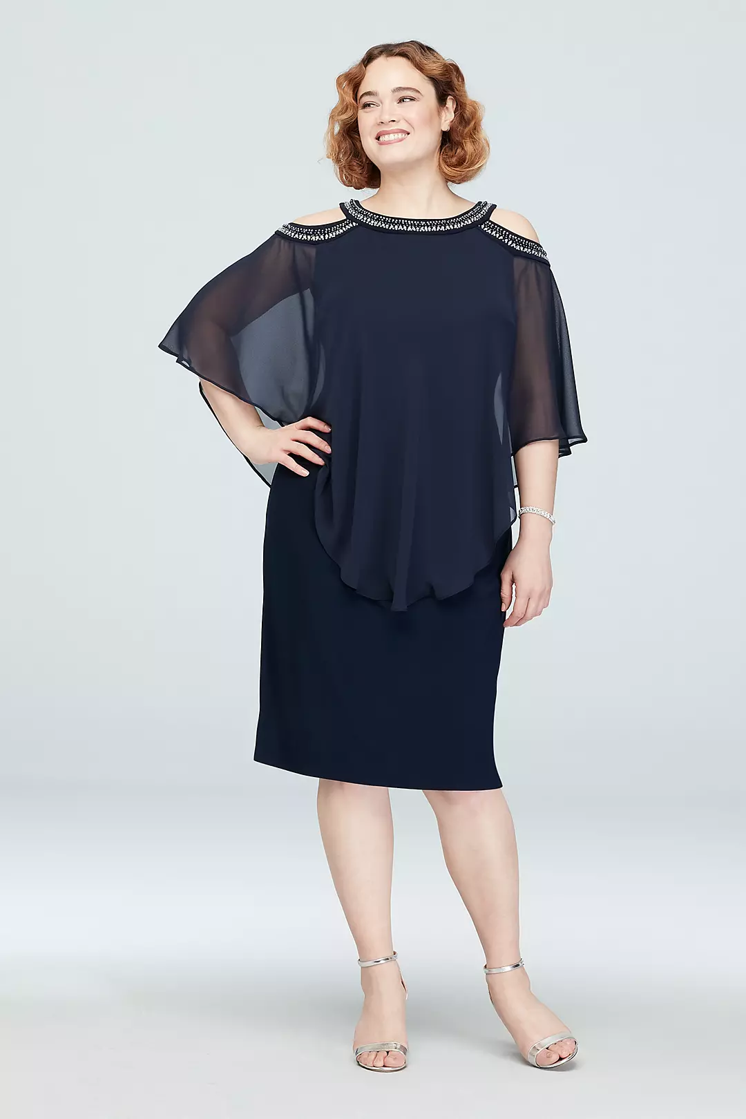 Beaded Cold-Shoulder Plus Size Dress with Capelet Image